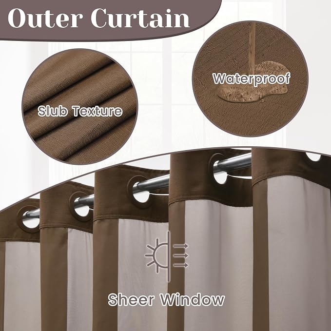 SORTTO No Hook Slub Shower Curtain with Liner, 71x74, Chocolate | Snap in Liner, 3 in 1, Bamboo Texture, Hotel Style, Waterproof Fabric, Mesh Top Window, Corner Magnets, Machine Washable