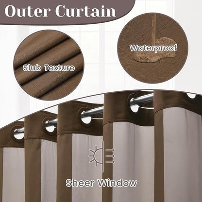 SORTTO No Hook Slub Shower Curtain with Liner, 71x74, Chocolate | Snap in Liner, 3 in 1, Bamboo Texture, Hotel Style, Waterproof Fabric, Mesh Top Window, Corner Magnets, Machine Washable