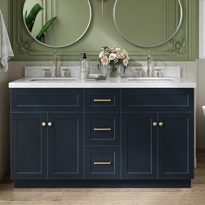 ARIEL Hamlet 60-inch Bathroom Vanity with Sink,Solid Wood, 1.5-inch Italian Carrara Marble Countertop, Double Rectangular Porcelain Sink, 4 Soft Closing Doors, 3 Dovetail Drawers, Midnight Blue