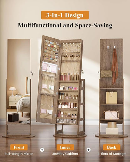 LVSOMT Standing Jewelry Mirror Organizer 6 LED Swivel Jewelry Cabinet Wood | Framelss Full Length Mirror with Jewelry Storage, Lockable Jewelry Armoire with 4 Rear Shelves and Hooks for Women Gift