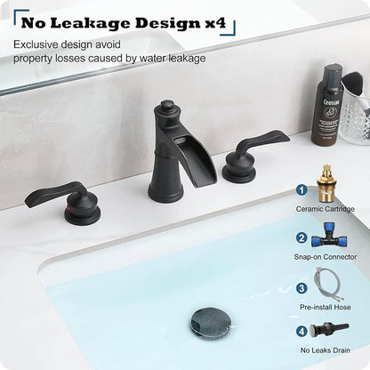 Brass Waterfall Bathroom Faucet, 4-16 Inch Black Bathroom Sink Faucet 3 Hole Bathroom Widespread Faucet, 2 Handles Bathroom Faucets Vanity Faucet with Pop Up Drain, Supply Water Hose