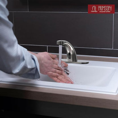 PRIMSOPH Automatic Motion Sensor Hands Free Electronic Infrared Smart Commercial Touchless Bathroom Sink Faucet with Cover Plate Temperature Mixer Battery or Plug-in Powered Brushed Nickel
