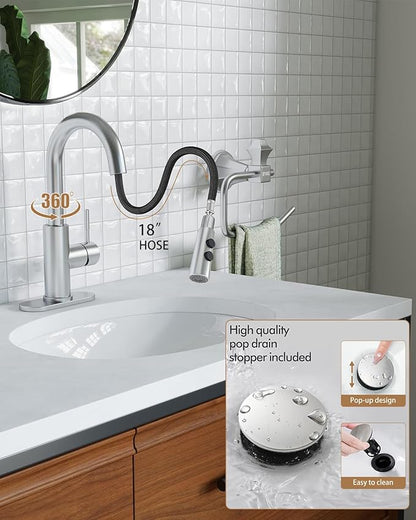 Fransiton Bathroom Faucets, Bar Sink Faucet Single Hole for Bathroom Kitchen Campers with Deck Plate Outdoor Faucet Vessel Farmhouse Vanity Lavatory (Brushed Nickel - Pull Sprayer - A)