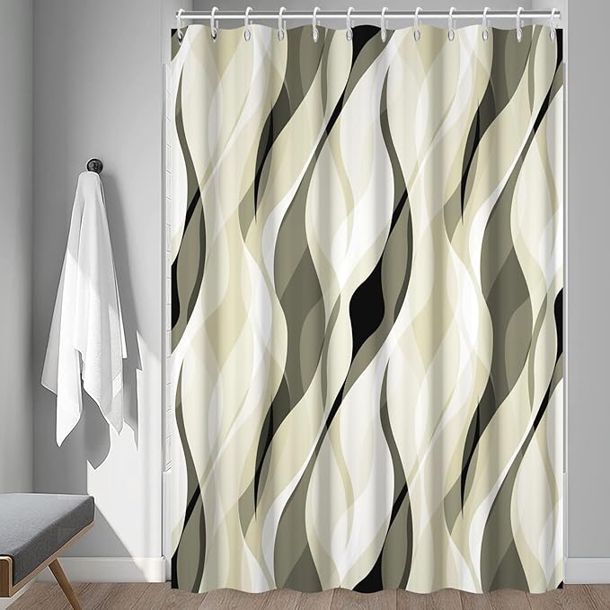 Light Green Shower Curtain, Modern Abstract Green and Grey Striped Shower Curtain Set for Bathroom Waterproof Shower Curtain with Hooks, 72x72 Inch