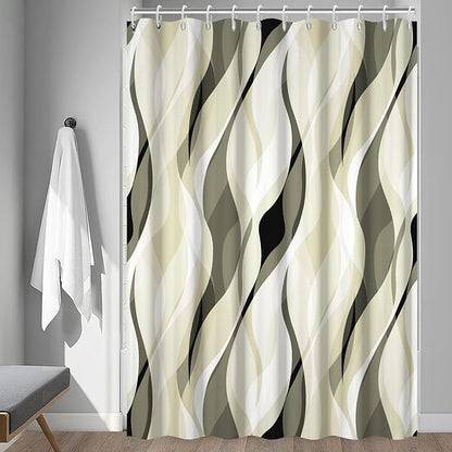 Light Green Shower Curtain, Modern Abstract Green and Grey Striped Shower Curtain Set for Bathroom Waterproof Shower Curtain with Hooks, 72x96 Inch
