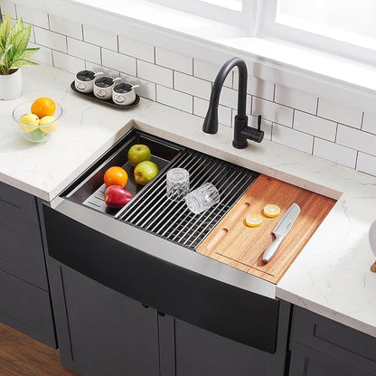 Black Farmhouse Sink 33 Inch - VALISY 33x22 Apron Front Farmhouse Kitchen Sinks 16 Gauge Stainless Steel Undermount Ledge Workstation Deep Single Bowl Luxury Rustic Farm Sinks with All Accessories