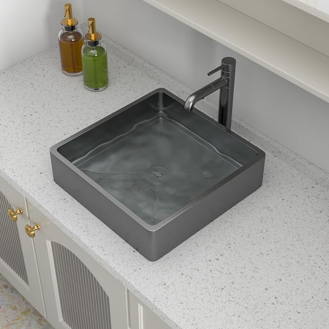Logmey 15“ Black Shallow Bathroom Vessel Sink 15x15 Square Handmade 16 Gauge Stainless Steel Above Counter 4 Inch Deep RV Bathroom Sink Sinks with Pop up Drain Set