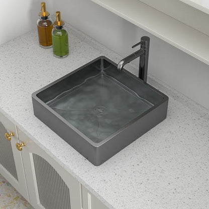Logmey 15“ Black Shallow Bathroom Vessel Sink 15x15 Square Handmade 16 Gauge Stainless Steel Above Counter 4 Inch Deep RV Bathroom Sink Sinks with Pop up Drain Set