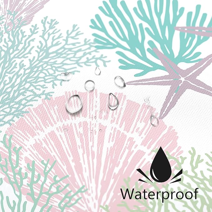 Nautical Coastal Shower Curtain 60x72, Pink Green Beach Ocean Theme Shower Curtain for Bathroom Decor, Summer Tropical Seashell Starfish Coral Fabric Shower Curtain Set with Hooks