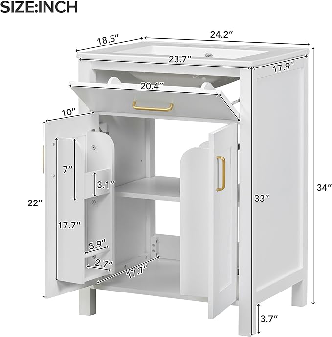 24" Bathroom Vanity with Sink, Modern Bathroom Vanity 24 Inch with Sink, 24 Bathroom Sink Vanity with Flip Drawer, Cabinet and Door Shelves, 24" Vanity with Sink for Bathroom (White)