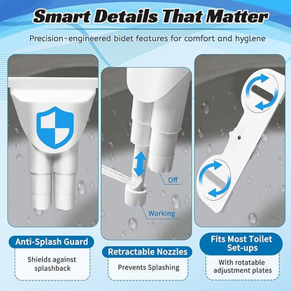 Bidet Attachment for Toilet,Ultra Thin Non-Electric Bidet,Dual Self-Cleaning Nozzles, Adjustable Water Pressure, Knob Control for Water Flow & On/Off, Fits Most Standard Toilets （0.23 in）