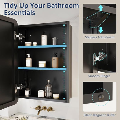 Medicine Cabinet Mirror 20x26 Inch, Chrome Bathroom Mirror Cabinet with Stepless Adjustable Shelves, Stainless Steel Frame, Bathroom Mirror with Storage Recessed or Wall Mount