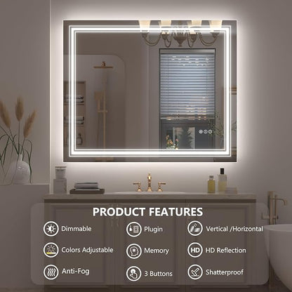 60x40 Inch Lighted Bathroom Mirror for Wall | Illuminated Vanity Mirror with Lights, Backlit and Front lit, Dimmable, Anti-Fog, Shatter-Proof, ETL Listed