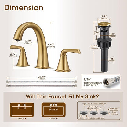 Gold Bathroom Faucet,Brushed Gold Bathroom Faucet,Brass Sink Faucets,Bathroom Faucet 3 Hole Brushed Nickel，with Pop Up Drain Supply Hose for Vanity,Lavatory RV Farmhouse