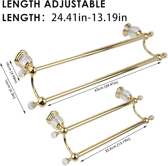 Double Crystal Towel Holder Adjustable Gold Towel Bar 14 to 25 Inch, Towel Rack Rail for Bathroom Wall Mounted