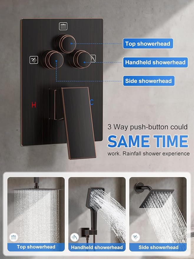 Woindo Shower Faucet Set, 10" Ceiling Mount Rainfall Shower System with 2 Rain Shower Head and Multi-function Handheld Head Push Button Diverter Shower Faucet Trim Kit