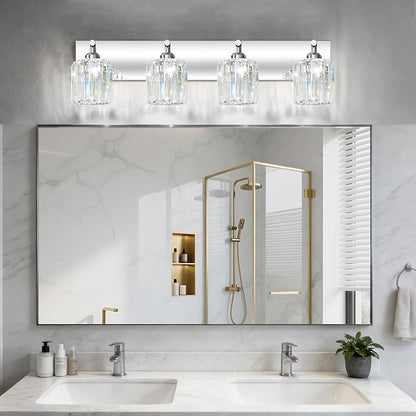 Brushed Chrome Crystal Bathroom Vanity Light, 4-Light Modern Bathroom Lighting Fixtures Over Mirror,Chrome Wall Sconce Light Fixtures with Round Shade