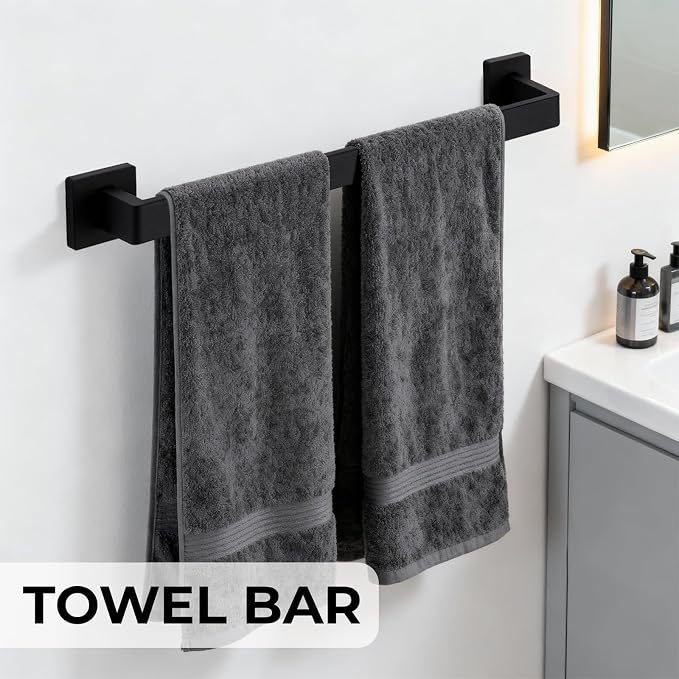 5 Piece Bathroom Hardware Set Matte Black, 23.6 Inch Bathroom Towel Bar Set | Stainless Steel Towel Racks for Bathroom Wall Mounted, with 304 Stainless Steel Screws & Hex Screwdriver, Rustproof
