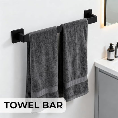 5 Piece Bathroom Hardware Set Matte Black, 23.6 Inch Bathroom Towel Bar Set | Stainless Steel Towel Racks for Bathroom Wall Mounted, with 304 Stainless Steel Screws & Hex Screwdriver, Rustproof