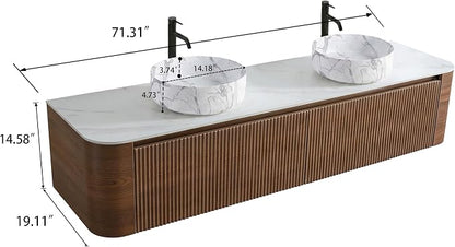 72" Preassembled Double Floating Bathroom Vanity with Carrara Sink, Walnut | Mid-Century Modern Style, Fluted & Soft-Close Drawer with U-shaped Wall, Sinterted Stone Countertop, Towel Rack Included