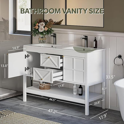 48" Bathroom Vanity with Double Sink Combo, Undermount Sink Bathroom Storage Cabinet with 2 Drawers & 2 Soft-Close Doors, Freestanding Farmhouse Cabinet with Open Storage Shelf, White