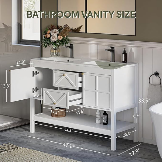 48" Bathroom Vanity with Double Sink Combo, Undermount Sink Bathroom Storage Cabinet with 2 Drawers & 2 Soft-Close Doors, Freestanding Farmhouse Cabinet with Open Storage Shelf, White
