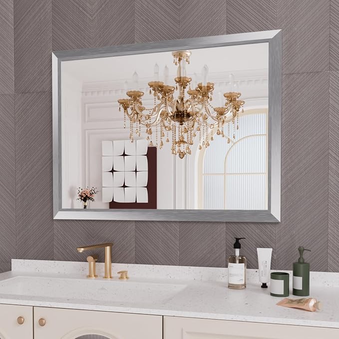 Bathroom Mirror for Wall, 48x36 Inch (Brushed Silver) | HD Reflection, Tempered Glass, Thick Metal Framed Rectangle Mirrors for Over Sink, Bedroom, Living Room, Entryway, Anti-Rust