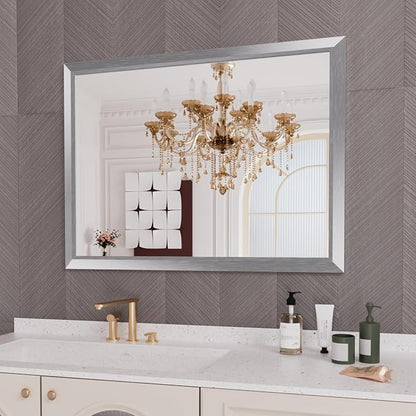 Bathroom Mirror for Wall, 48x36 Inch (Brushed Silver) | HD Reflection, Tempered Glass, Thick Metal Framed Rectangle Mirrors for Over Sink, Bedroom, Living Room, Entryway, Anti-Rust