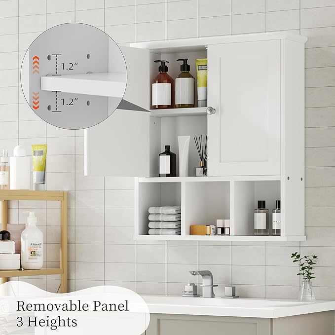 Shintenchi Bathroom Medicine Cabinet, Wall Mounted, Adjustable Shelf, White | Over The Toilet Cupboard, Open & Concealed Storage, 2 Magnet Doors, Space-Saving, Easy to Clean