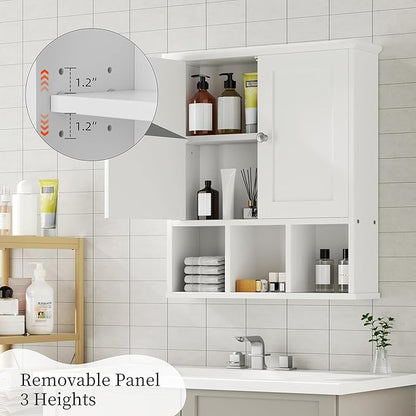 Shintenchi Bathroom Medicine Cabinet, Wall Mounted, Adjustable Shelf, White | Over The Toilet Cupboard, Open & Concealed Storage, 2 Magnet Doors, Space-Saving, Easy to Clean