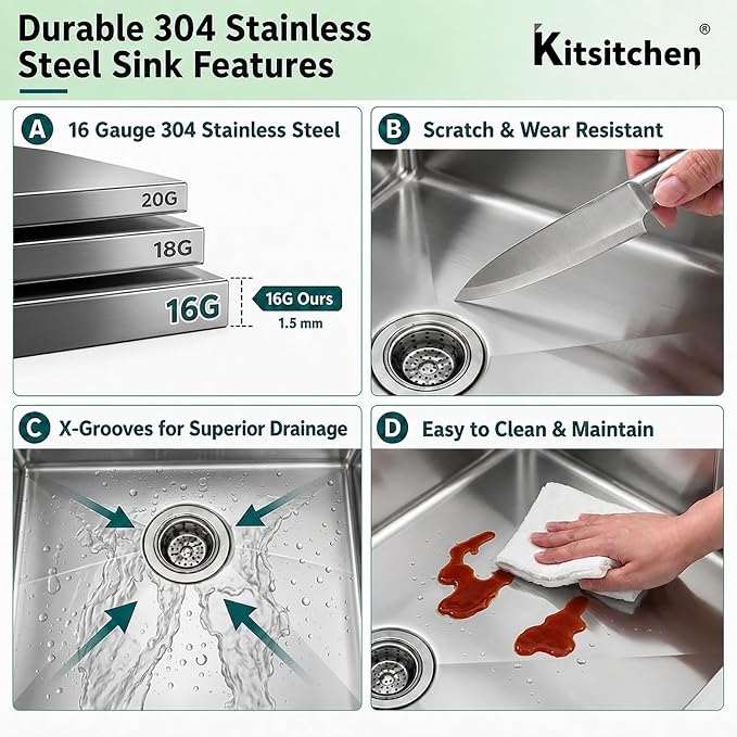 Kitsitchen RV Kitchen Sink,16 Guage T304 Stainless Steel Undermount Kitchen Sinks with Sink with Strainer & Bottom Gird, 25" x 15" x 7" Single Bowl Drop In Kitchen Sink For RV, Outdoor,Bathroom