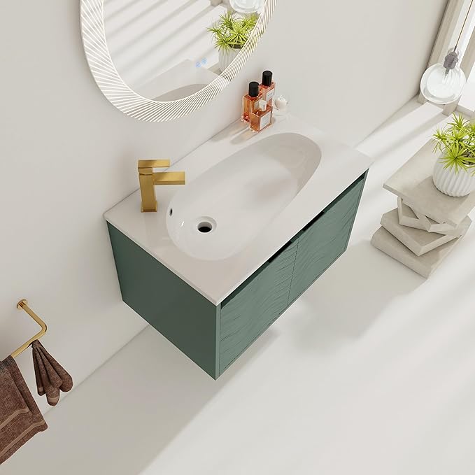 SSLine Modern 30" Floating Bathroom Vanity with Sink Wall Mounted Bathroom Vanity with Top Basin & Storage Cabinet 30-Inch Green Wave Bath Vanity w/Drop-Shaped Resin Sink for Small Space