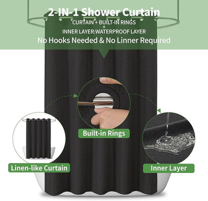 Long No Hooks & No Liner Needed Fabric Shower Curtain,71"Wx80"L,Black | Linen Texture,100% Waterproof TPU Laminated Layer,Bottom Magnets,Machine Washable,Hotel Style Bathroom Curtain For Shower,Tub