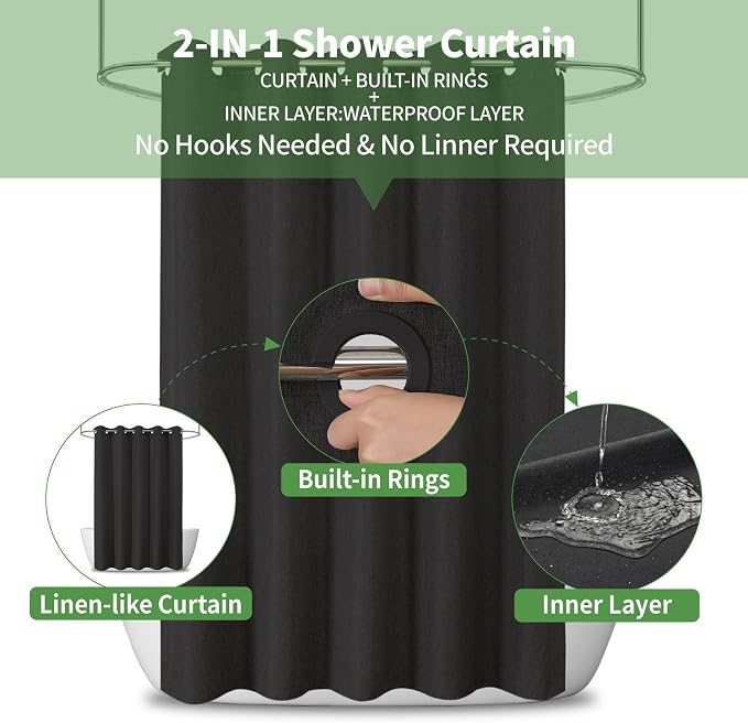 Extra Long No Hooks & No Liner Needed Fabric Shower Curtain,71"Wx86"L,Black | Linen Texture,100% Waterproof TPU Laminated Layer,Bottom Magnets,Machine Washable,Hotel Style Bathroom Curtain For Shower,Tub