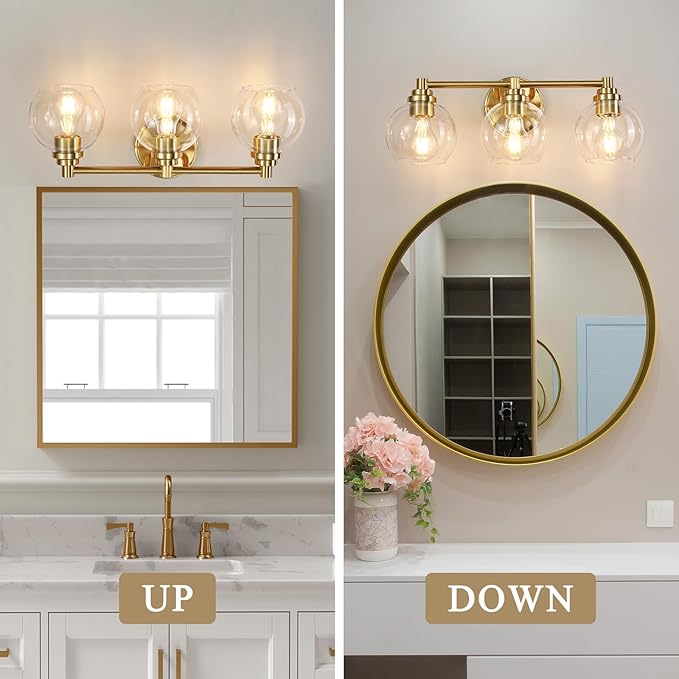 Upgrade 3-Light Bathroom Light Fixtures, Modern Vanity Light with Globe Glass Shade, Brushed Gold Bathroom Lights Over Mirror, Vanity Lights for Bathroom Bedroom Kitchen Hallway Living Room