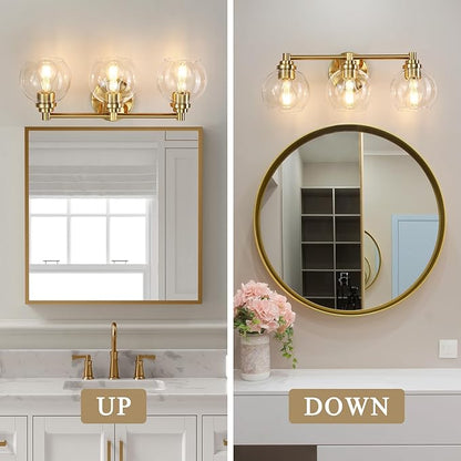 Upgrade 3-Light Bathroom Light Fixtures, Modern Vanity Light with Globe Glass Shade, Brushed Gold Bathroom Lights Over Mirror, Vanity Lights for Bathroom Bedroom Kitchen Hallway Living Room