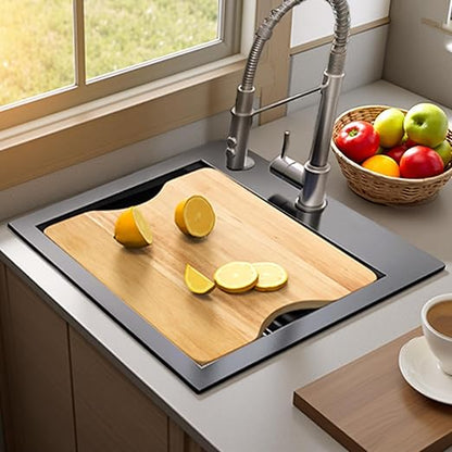 YITAHOME 15in Small Black Drop In RV Sink Workstation, Top Mount Stainless Steel Nano Gunmetal Black Small Kitchen Sink with Grid, Cutting Board, Rolling Rack for Workstation, Bar, 15 x 15 x 9 in
