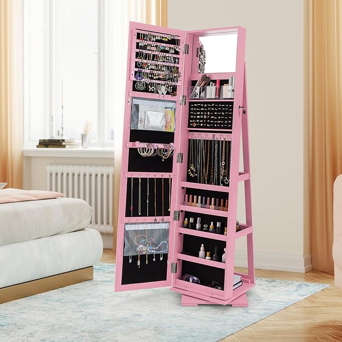 360° Rotating Jewelry Armoire, Freestanding Jewelry Cabinet with Inside Makeup Mirror, 2-in-1 Lockable Jewelry Organizer w/Full-Length Mirror for Women (Pink)