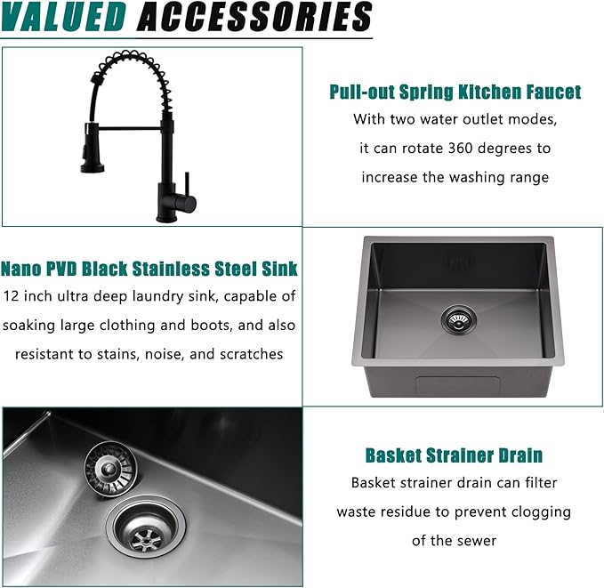 Undermount Laundry Utility Sink with Faucet, 23"x18"x12" Black Stainless Steel Laundry Sink Undermount Utility Sink Laundry Room Sink 16 Gauge Single Bowl Deep Laundry Sinks