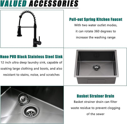 Undermount Laundry Utility Sink with Faucet, 23"x18"x12" Black Stainless Steel Laundry Sink Undermount Utility Sink Laundry Room Sink 16 Gauge Single Bowl Deep Laundry Sinks