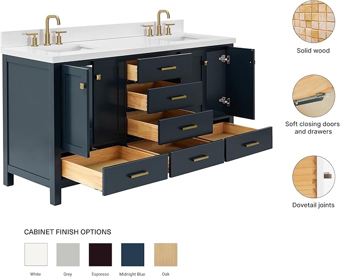 ARIEL Cambridge 66-inch Bathroom Vanity with Sink,Solid Wood, 1.5-inch Pure White Quartz Countertop, Double Rectangular Porcelain Sink, 4 Soft Closing Doors, 6 Dovetail Drawers, Midnight Blue
