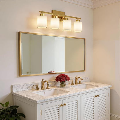 PARTPHONER 4-Light Brushed Gold Bathroom Light Fixtures, Modern Vanity Light Over Mirror Lighting, Wall Sconce with Frosted Milky White Glass Shades for Bedroom Living Room Kitchen Hallway