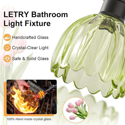 Bathroom Light Fixtures, 2-Light Black Vanity Lights for Bathroom with Green Tulip Glass Shade, 12" Vintage Bathroom Vanity Lighting Fixtures Over Mirror for Bedroom Living Room Hallway