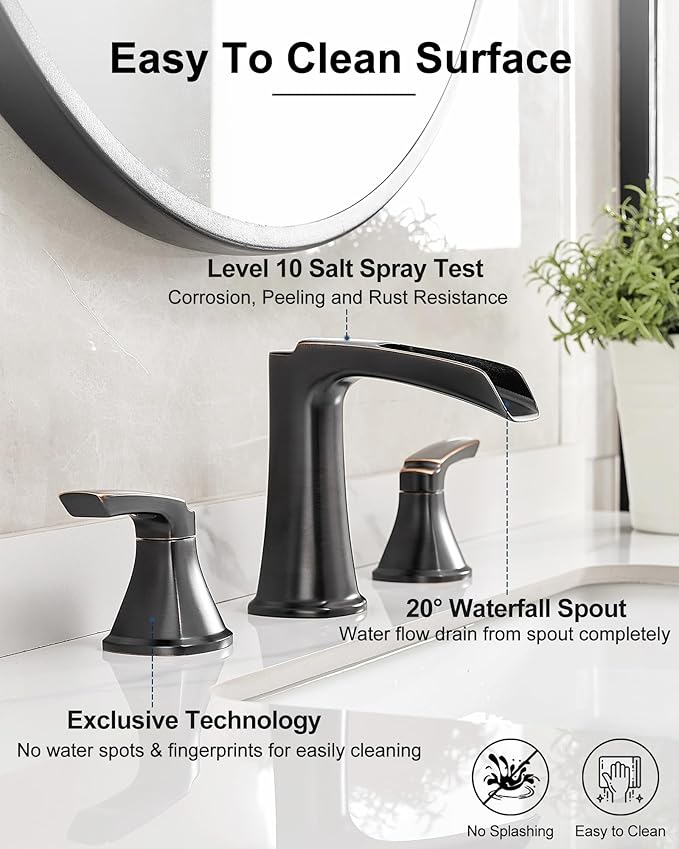 Brass Waterfall Faucet, Oil Rubbed Bronze Bathroom Sink Faucet, 4-16 Inch Widespread Bathroom Faucet, 2 Handle Bathroom Faucets for Sink 3 Hole with Overflow Pop-up Drain for Farmhouse Apartment