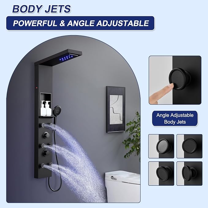 ROVATE LED Shower Panel Tower with Shelf & 6 Adjustable Jets, Matte Black | Stainless Steel Rainfall Waterfall Shower Column with 6 Angle Adjustable Body Massage Jets, Self-Cleaning 5-Setting Handheld