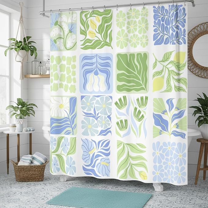 JAWO Blue Cute Boho Floral Shower Curtain, Colorful Abstract Floral Retro Aesthetic Shower Curtain for Bathroom, Funky Unique Waterproof Fabric Polyester Bath Curtains Decor with Hooks,47Wx64H