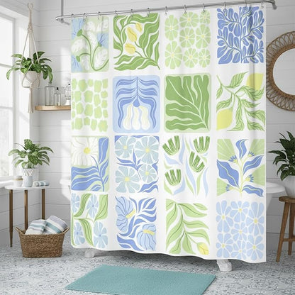 JAWO Blue Cute Boho Floral Shower Curtain, Colorful Abstract Floral Retro Aesthetic Shower Curtain for Bathroom, Funky Unique Waterproof Fabric Polyester Bath Curtains Decor with Hooks,47Wx64H