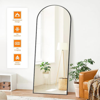 Arched Full Length Mirror, 70"x24" Standing Body Mirror for Wall, Black | Built-in Stand, HD Shatterproof Glass, Aluminum Alloy Frame, Hanging or Standing, for Bedroom, Living Room & Dressing Room