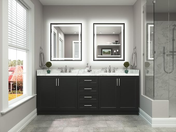 Led Bathroom Mirror 30 x 36 with Brushed Black Frame Anti-Fog Frontlit & Backlit Vanity Mirror Stepless Dimmable Lighted Mirrors for Bathroom Wall 3 Colors White/Warm/Natural Wall-Mounted