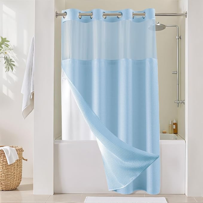 River Dream Cotton Blend Shower Curtain Set with Liner, Sky Blue, 54x80 | Waffle Weave, No Hook Needed, with Snap in Replacement Liner, Top Sheer Window, Hotel Quality Fabric for Bathroom